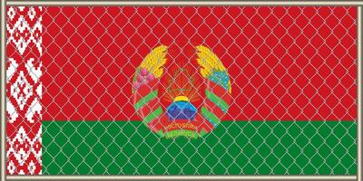 Vector illustration of the flag and coat of arms of the Republic of Belarus under the lattice. Concept of isolationism.