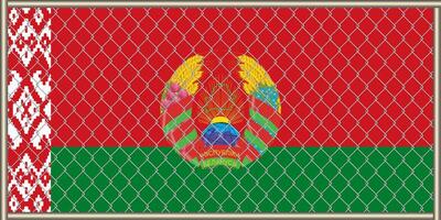 Vector illustration of the flag and coat of arms of the Republic of Belarus under the lattice. Concept of isolationism.