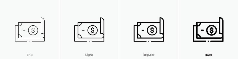 dinero icono. delgado, luz, regular y negrita estilo diseño aislado en blanco antecedentes vector