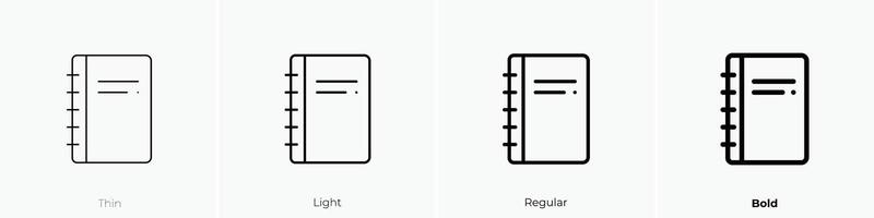 cuaderno icono. delgado, luz, regular y negrita estilo diseño aislado en blanco antecedentes vector