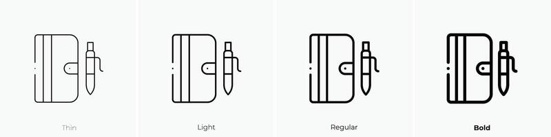 cuaderno icono. delgado, luz, regular y negrita estilo diseño aislado en blanco antecedentes vector