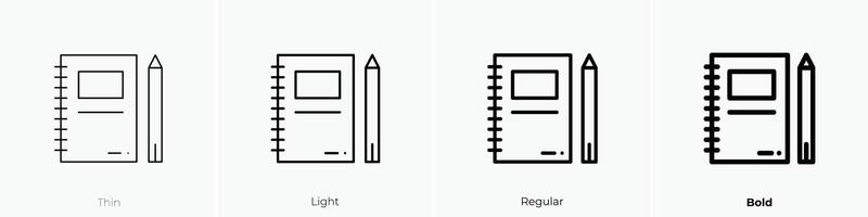 cuadernos icono. delgado, luz, regular y negrita estilo diseño aislado en blanco antecedentes vector