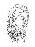 mujer retrato, cara con flores simple, minimalista vector ilustración. uno línea dibujo