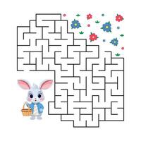 Vector illustration. Maze game for children. Help the rabbit with the basket find the way to the meadow with flowers.