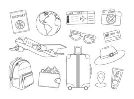 Travel set coloring page. Outline set with passport, globe, air ticket, camera, plane, sunglasses, credit card, backpack, wallet, suitcase. Adventure, tourism, vacation, trip. Coloring book for print vector