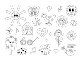 Retro 70s groovy spring and summer elements coloring page. Funky hippie outline set with cartoon flowers, leaves, tree, grass, bird, insects, heart, sun, sunglasses etc. Coloring book for print. vector