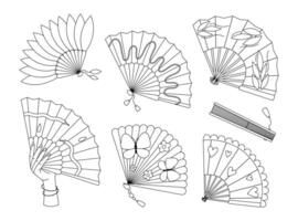 Hand fans coloring page. Asian traditional folding souvenir. Cooling accessory outline set. Collection with different design. Coloring book for print vector