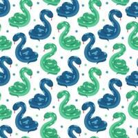 Seamless pattern with green and blue snakes. Spotted reptiles and flowers. Vector flat ilustration on white background