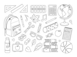 School supplies coloring page. Backpack, globe, books, notebook, calculator, pen, pencil, paints, rulers, scissors etc. Stationery for study outline set. Coloring book for print vector