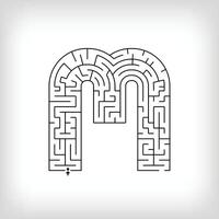 Unique linear letter M maze puzzle. Confusing game and educational activity set. vector