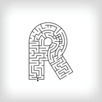 Unique linear letter R maze puzzle. Confusing game and educational activity set. vector