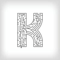 Unique linear letter K maze puzzle. Confusing game and educational activity set. vector