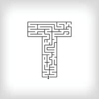 Unique linear letter T maze puzzle. Confusing game and educational activity set. vector