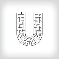 Unique linear letter U maze puzzle. Confusing game and educational activity set. vector