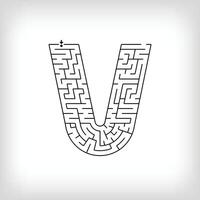 Unique linear letter V maze puzzle. Confusing game and educational activity set. vector