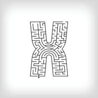 Unique linear letter X maze puzzle. Confusing game and educational activity set. vector