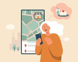 Flat illustration of a senior woman using GPS map navigation app to find a restaurant on smartphone screen vector