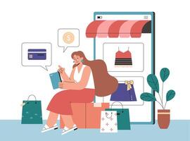 Online payment for shopping in flat style illustration. Girl sitting with shopping bags paying online with mobile phone which screen displayed in the back vector