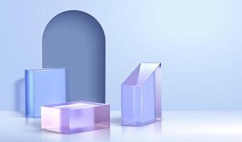 3d minimal background for product display. Layout of arch door and blue crystal glass cubes. vector