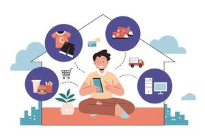 Man buying everything online in flat style illustration. A guy sitting cross-legged at home shopping via his mobile phone with icon sets around including food, clothing, shoes, and computer vector