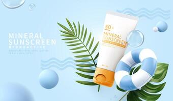3d mínimo cosmético anuncio para verano protección de la piel productos protector solar tubo Bosquejo con tropical hojas, nadando anillo y decorativo pelotas. vector
