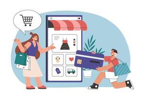 Man pays for woman with credit card in flat style illustration. Man kneeling and giving woman his credit card for her online shopping cart's goods payment vector