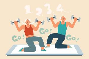 Flat illustration of senior man and woman in sports wear working out using dumbbells over a digital device vector