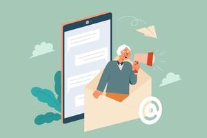 Flat illustration of an elderly woman standing inside an envelope talking into a megaphone with a mobile phone. Concept of sending a voice mail via phone vector