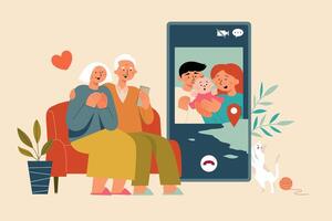 Flat illustration with senior couple sitting on sofa having video call with son's family while staying at home vector