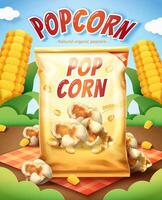 3d natural and organic popcorn ad. Illustration of a popcorn package on picnic plaid and corn kernels scattered on the cornfield background vector