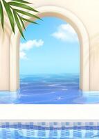 3d infinity pool background. Illustration of white arch and blue tile pool filled with crystal clear water vector