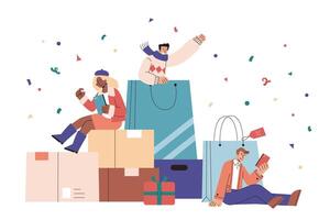 personas disfrutar en línea compras en plano estilo ilustración. hombres y mujer en invierno vestir disfrutando en línea compras en doble once grande rebaja utilizando móvil Los telefonos vector