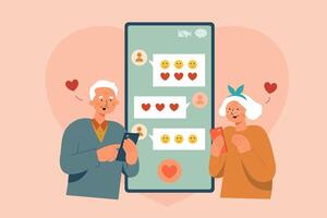 Flat style illustration of senior couple using sending loving message to each other with many emoticons vector