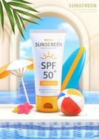 3d summer poolside sunscreen ad. Illustration of sunblock tube product displayed aside water pool with beach objects standing around vector