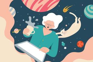 Flat illustration of a senior woman browsing digital tablet from which flows out outer space vector