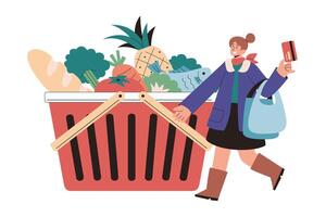 Cashless grocery shopping in flat style illustration. Woman holding shopping bags and credit card with a large groceries basket behind her vector