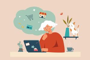 Flat illustration of elderly woman sitting at home using laptop for online shopping vector