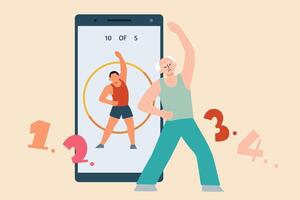 Flat illustration of senior man stretching in front of a large mobile phone screen with a trainer showing the workout routine with timer vector