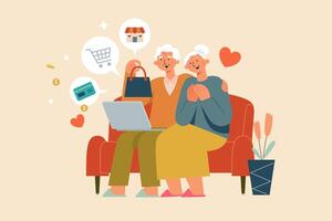 Flat illustration of a senior couple using laptop for online shopping. Elderly man and woman enjoy surfing on Internet at home for grocery shopping vector