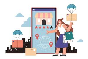 Rating online store on shopping app in flat style illustration. Woman shopper giving a 4 out of 5 stars rating to a store on shopping app with parachutes delivering parcels in the city vector