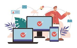 Man's cross device usage in flat style illustration. A man standing behind laptop, PC and phone with communication icons around him vector