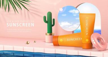 3d minimal pink scene design for summer skincare products. Realistic sunscreen tubes set beside swimming pool, decorated with cactus pot, portal and mirror. vector