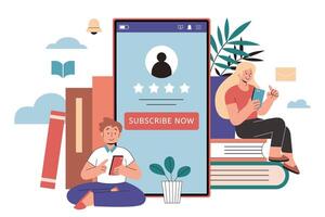 Educational content subscription in flat style illustration. Boy and girl using mobile phones while sitting by books, and subscription CTA to shown to their phone screens vector