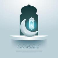 eid mubarak card with 3d crescent, lantern and podium. vector illustration