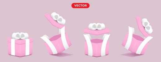 3d pink gift box set with four position options. vector illustration