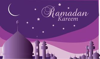 Vector purple background with stars and moon and sky and mosques silhouette gradient paper style celebration ramadan kareem