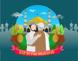 vector musulmán Pareja abrazando disculparse en mezquita y Bedug en ligero nublado azul cielo mientras celebrando contento eid Alabama fitr Mubarak plano estilo