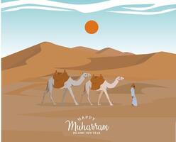 vector view in a desert on a sunny day blue sky cloudy and sun with camels and drivers in hijri islamic new year muharram