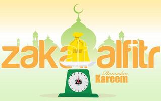 vector zakat al fitr with scale in mosque silhouette green background modern style design