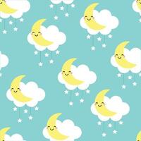 Cartoon-style Seamless Pattern of Clouds, Moon, and Stars on a blue Background vector